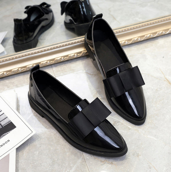 Zapatos Bailarinas Mujer con Moño - Loafers Elegantes Punta Fina Cuero Charol