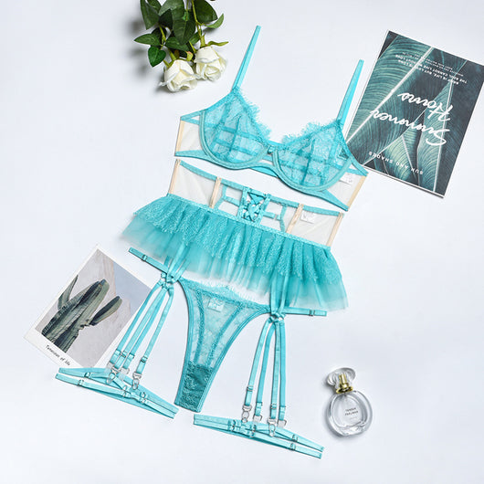 Mint green mesh and lace lingerie set with underwire bra, ruffled garter belt, and thong, displayed flat. - Image 13