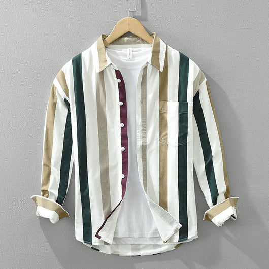 Camisa Manga Larga a Rayas Hombre Cuello Cuadrado Suelta Casual Artística