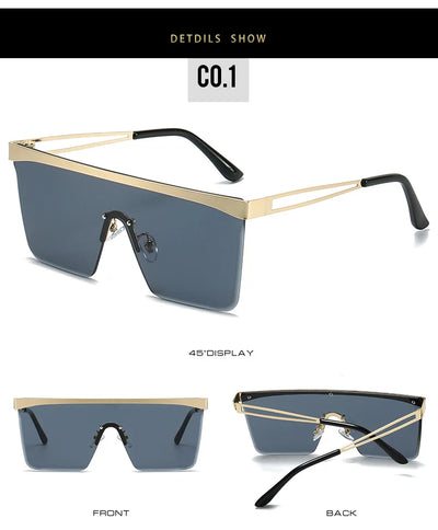 Gold frame square sunglasses with a one-piece gradient blue lens and black temple tips. - Image 19