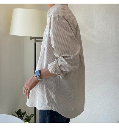 Camisa Casual Holgada de Manga Larga a Rayas para Hombre - Image 15