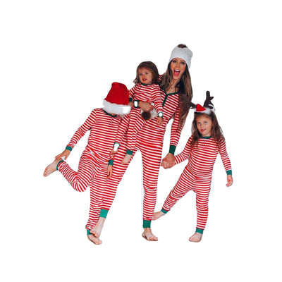 Family of seven wearing matching red and white striped long-sleeved pajamas with green cuffs, some with Santa hats. - Image 9