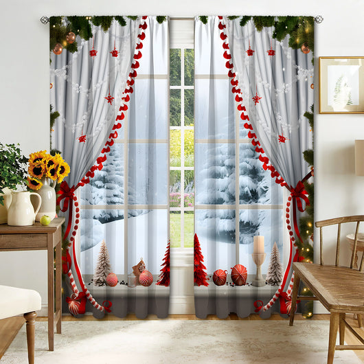 Christmas curtain with a snowy village scene, Santa Claus, flying reindeer, and piles of wrapped gifts. - Image 20
