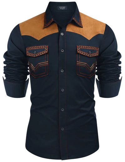 Camisa Vaquera Ajustada de Largo Medio con Combinación de Colores para Hombre - Image 4