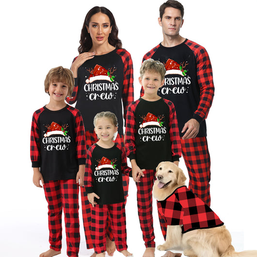Kids' Christmas pajama set with a black "Christmas Crew" top and red and black buffalo plaid pants.