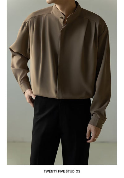 Camisa Casual Holgada de Manga Larga con Cuello Alzado para Hombre - Image 20