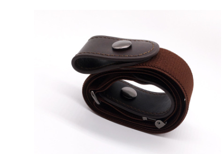 Red, white, and blue striped elastic stretch belt with brown leather-look ends and a silver-tone double buckle. - Image 9