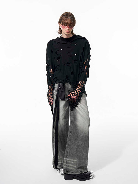Sudadera con Capucha Hueca para Hombre Primavera Negra con Perlas Decorativas - Image 12