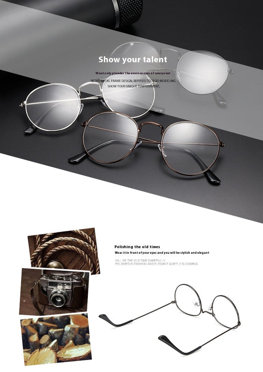 Retro oval anti-blue light glasses with a dark metal frame and clear lenses on a white background. - Image 20