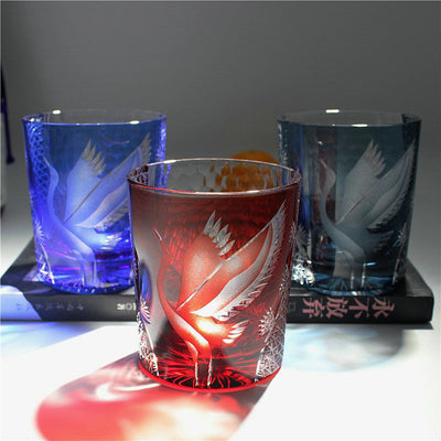 Vaso de Whiskey Edo Kiriko Pino y Grúa - Artesanía Japonesa