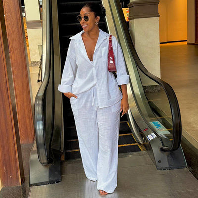 Conjunto Elegante: Camisa Blanca Suelta y Pantalón Ancho de Pierna Amplia - Image 14