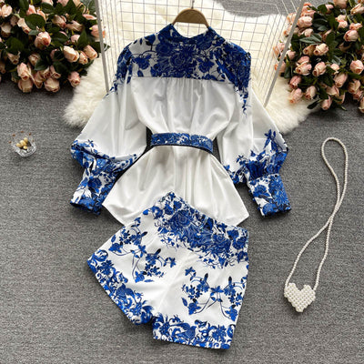 Conjunto Vintage: Blusa Porcelana Azul y Blanca + Short Ancho Versátil - Image 23