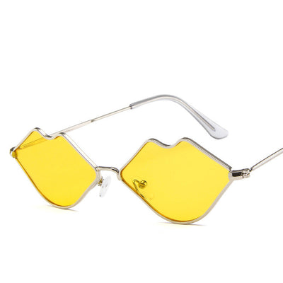 Retro red lips sunglasses with gold metal frames and brown gradient lenses on a white background. - Image 7