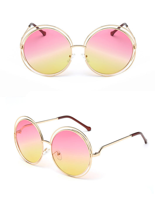 Round metal cutout sunglasses with silver mirrored lenses and a double-rimmed frame, shown from front and angled views. - Image 9