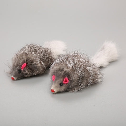 Two gray plush mouse cat toys with white tails, pink ears, and red noses on a plain background. - Image 3