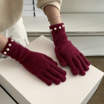 Guantes Tejidos Cálidos con Perlas en Colores Sólidos - Image 3