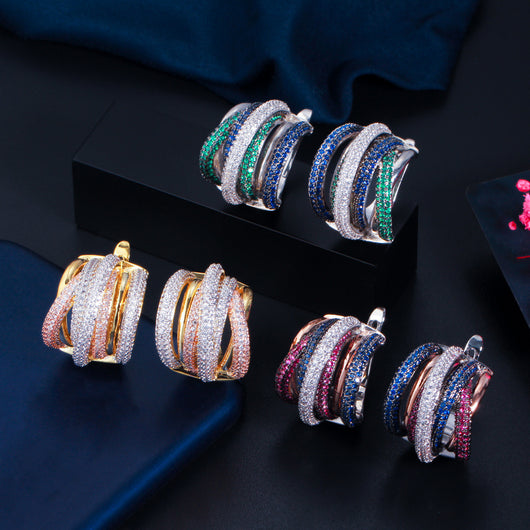 Aretes Tricolor Chapados Circonita Micro Incrustada Efecto Exagerado