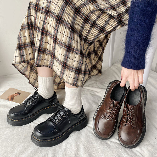 Zapatos Retro Británicos con Tacón Grueso y Puntera Redonda