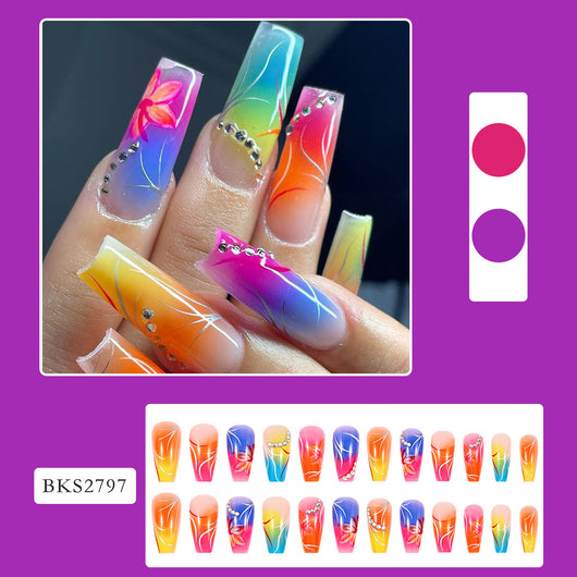 Uñas Postizas con Degradado Floral y Cristales Brillantes - Image 5