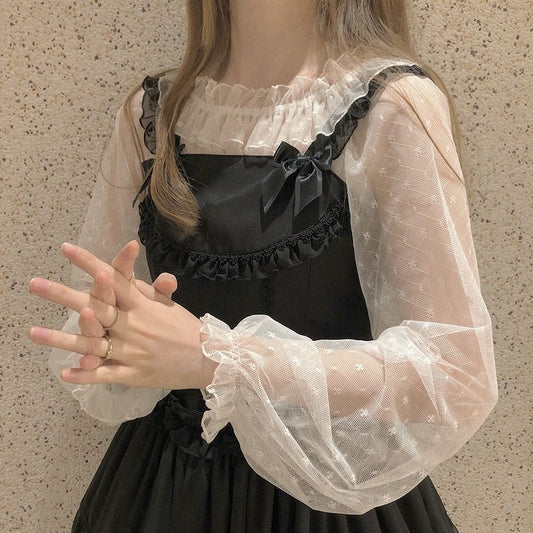 Blusa de Encaje con Volantes y Mangas Largas