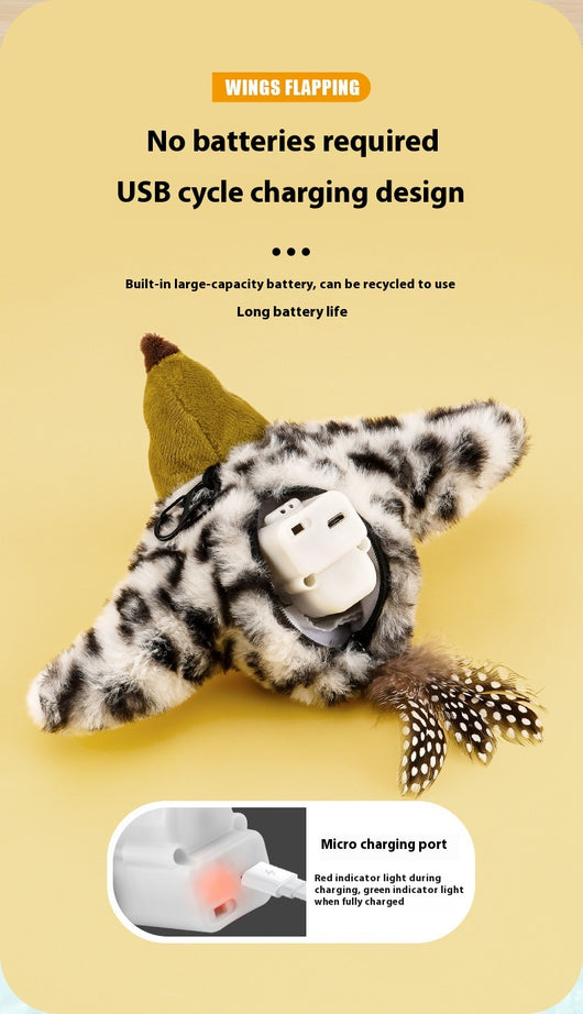 Electric simulation bird cat toy with black and white speckled plush body, olive green head, and feathered tail. Includes a black sling for hanging and USB char - Image 15