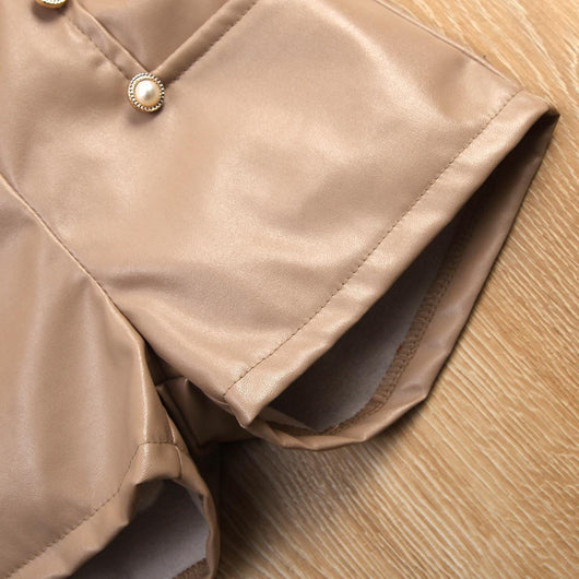 Conjunto Infantil: Top de Manga Larga con Rayas y Pantalones de Cuero Café Claro - Image 4
