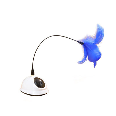 Electric cat toy with a white dome base, a flexible black rod, and a vibrant blue feather attachment.