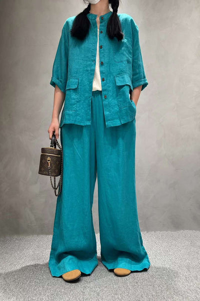 Conjunto de Lino Casual: Camisa Manga Corta y Pantalón de Color Liso - Image 16