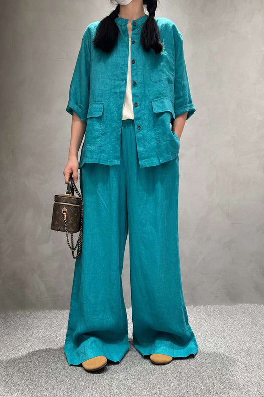 Conjunto de Lino Casual: Camisa Manga Corta y Pantalón de Color Liso - Image 16