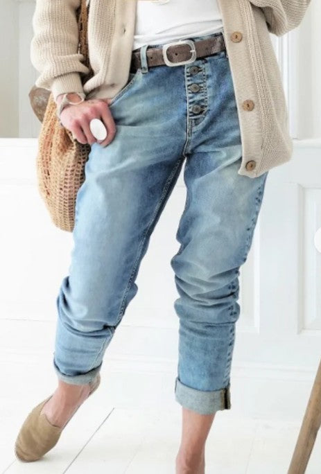 Pantalones Vaqueros Rectos con Detalles de Cuentas - Estilo Casual Moderno
