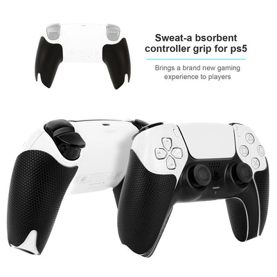 Black textured controller grips for PlayStation 5, shown with packaging and wet/dry wipes. - Image 4