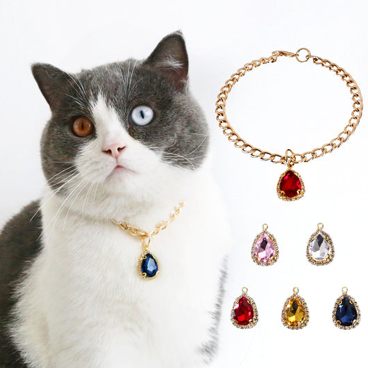 Collar de Gato con Colgante de Cristal y Diamante de Metal