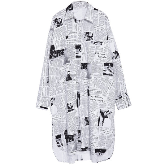 Camisa Suelta Estampado Periódico Largo