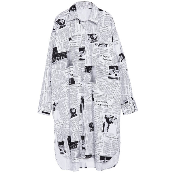 Camisa Suelta Estampado Periódico Largo