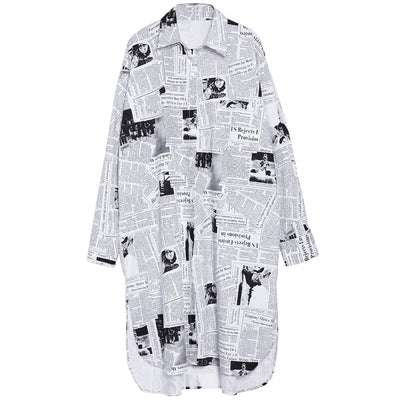Camisa Suelta Estampado Periódico Largo
