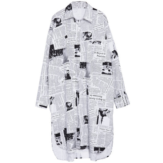 Camisa Suelta Estampado Periódico Largo