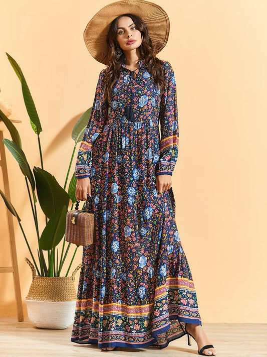Vestido Bohemio Largo con Mangas y Pliegues