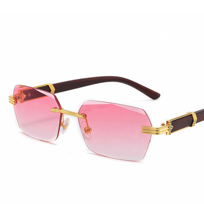 Frameless sunglasses with pink gradient lenses and dark brown wood-look temples with gold-tone accents. - Image 6