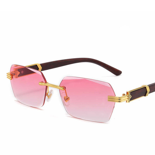Frameless sunglasses with pink gradient lenses and dark brown wood-look temples with gold-tone accents. - Image 6
