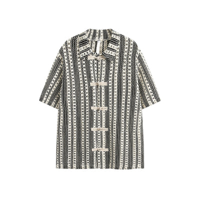 Camisa de Verano Beige y Negro con Cuello Vuelto y Manga Corta