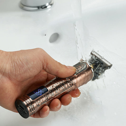 Gold electric hair clippers with an LCD display and engraved design, shown with 1mm, 2mm, 3mm guide combs, USB cable, and cleaning brush. - Image 6