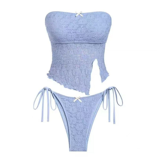 Light blue textured two-piece bikini with a strapless top and high-cut bottom with side ties and white bows. - Image 7