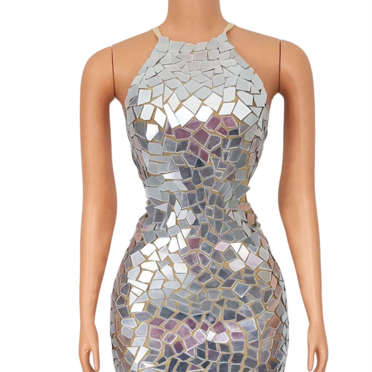 Vestido Corto Espejo sin Mangas con Lentes Insertados - Image 9