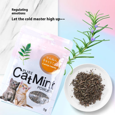 Pure Cat Mint Powder pouch with two kittens, a green leaf graphic, and a window showing dried catnip leaves. Label reads 'Catnip Leaves' and '5g'. - Image 3