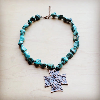 Chunky Blue Green Turquoise Collar Necklace with Cross Pendant 259u