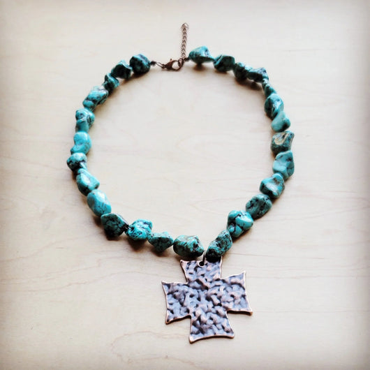 Chunky Blue Green Turquoise Collar Necklace with Cross Pendant 259u