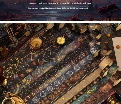 Set of six 1.5cm wide decorative tapes featuring starry sky, zodiac signs, moon phases, constellations, and planets. - Image 13