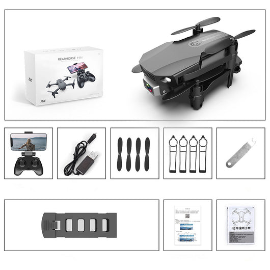 Gray folding drone with 4K camera, remote control, spare propellers, propeller guards, charging cable, and battery. - Image 4