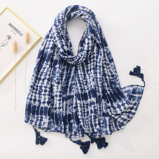 Pañuelo Tie-Dye Azul y Blanco de Algodón y Lino - Protección Solar Retro para Viajes