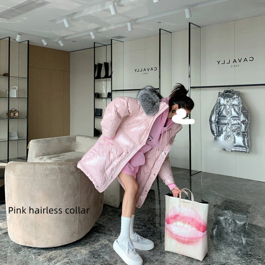 Abrigo de Plumas Largo Invierno Mujer con Cuello de Pelaje Rosa Brillante Premium - Image 8